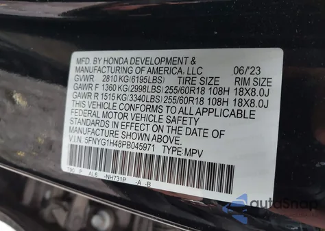 2023 Honda Pilot Awd Ex-L 8 Passenger from USA, damaged, VIN 5FNYG1H48PB045971